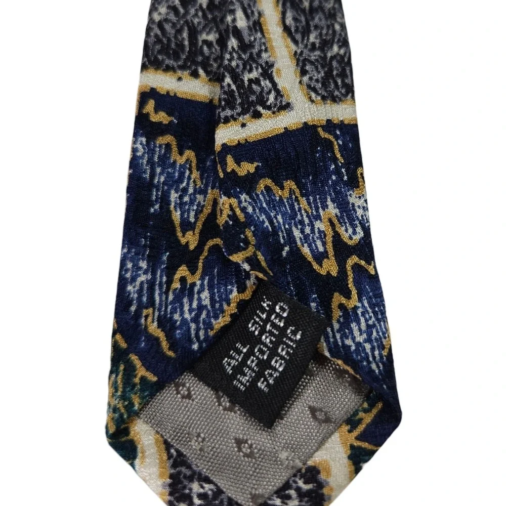 Albert Nipon Silk Necktie Abstract Geo Paisley Jacquard Blue Gold Vintage‎ OS